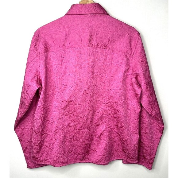 Chico's Womens Jacket Fitted Textured Pink Rose Silver Swirl Buttons Size 2 - Picture 2 of 11